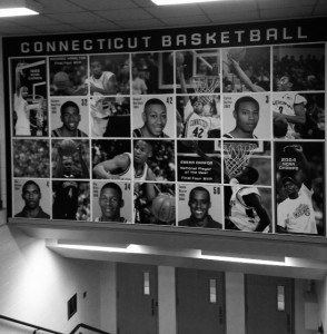 A collage of UConn basketball history lies just inside the doors of the victorious arena. 