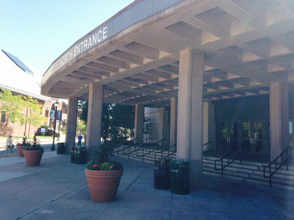 A close up shot of the north entrance of Gampel Pavilion. (Photo by Eddie Leonard)