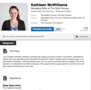 My LinkedIn page, a great place for a virtual resume and linking clips. Screenshot: Katie McWilliams 