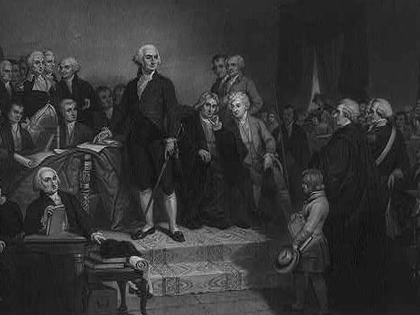 Washington delivering his inaugural address April 1789, in the old city hall, New-York.