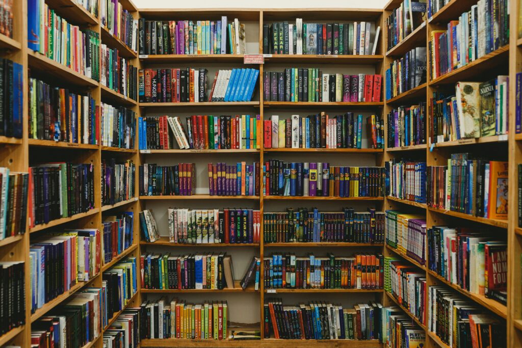 Shelves filled with books in a library.